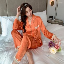 Home Clothing Spring Satin Women Pyjamas Set Lounge Wear Jacquard Sleepwear Intimate Lingerie With Lace Casual Pyjamas Clothes