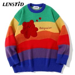 Men's Sweaters LENSTID Men Hip Hop Knitted Jumper Sweater Embroidery Bear Rainbow Striped Streetwear Harajuku Autumn Oversize Fashion Pullovers 220930