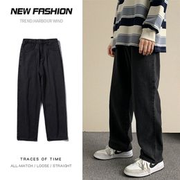 Mens Jeans Autumn Streetwear Baggy Jeans Men Korean Fashion Loose Straight Wide Leg Pants Male Brand Clothing Black Light Blue 220929