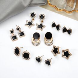 Stud Earrings Black Crystal Jewelry For Women Men Punk Small Fashion Gold Color Round Star Square Bow Geometric 2022