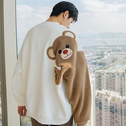 Men's Sweaters Long-sleeved Round Neck Lamb Hair Embroidery Flocking Loose Warm Winter Bear H4K1 220930