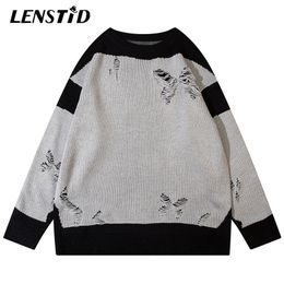 Men's Sweaters LENSTID Autumn Men Oversized Knitted Jumper Hip Hop Ripped Bow Patchwork Streetwear Harajuku Fashion Casual Pullovers 220930