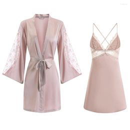 Women's Sleepwear Sexy Lace Bride Wedding Robes Set Women Silky Satin Nightgown Casual Soft Kimono Bathrobe Gown Perspective Nightwear