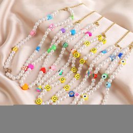 Choker DIEZI Summer Ethnic Imitation Pearl Necklace For Women Girls Sweet Soft Clay Beads Chain Flower Heart Jewelry