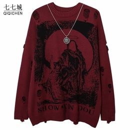 Männer Pullover Hip Hop Priester Erlösung Druck Männer Gestrickte Straße Loch Zerrissene Lose Harajuku grim Reaper Mit Kette Pullover Jumper 220930