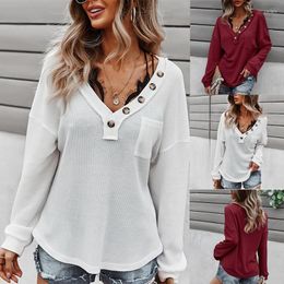 Women's T Shirts ASDS-Women's Knit Top V-Neck Long Sleeve Loose Casual Solid Colour Faux Button Lightweight Tops