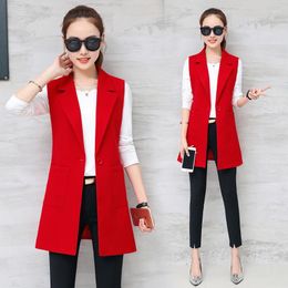 Women's Vests Women's Spring Autumn Women Black Red Vest Medium Long Slim Sleeveless Coats Single Button Turn-down Collar Waistcoat