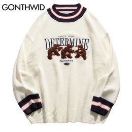 Men's Sweaters GONTHWID Bear Patchwork Striped Knitted Jumpers Streetwear Hip Hop Harajuku Casual Pullover knitwear Mens Fashion Tops 220930