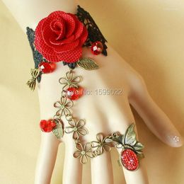 Bangle Vintage Lace Bracelet Black For Women Antique Bronze Chain Butterfly Red Rose Flower Ornament Fashionable Hand Accessories