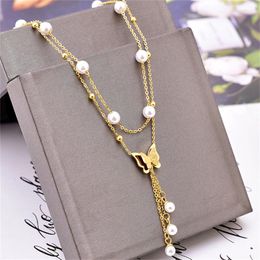 Pendant Necklaces 316L Stainless Steel Fashion Fine Jewellery 2 Layer Beaded Butterfly Pearl Charm Chain Choker Pendants For Women