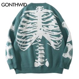 Men's Sweaters Hip Hop Gothic Knitted Streetwear Vintage Skull Knit Pullover Mens Autumn Casual Knitwear Green Black 220930