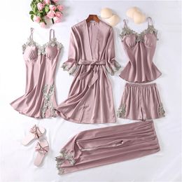 Home Clothing 2022 Satin Pyjamas Women 5PCS PJS Set Kimono Bathrobe Gown Lace Sleepwear Lounge Wear Casual Nightwear Homewear