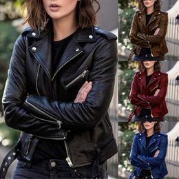 Women's Jackets Autumn Women PU Leather Jacket Fashion Turn-Down Collar Zipper Moto Biker Coat Female Slim Short Casaco Feminino