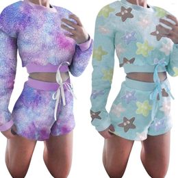 Women's Tracksuits 2022 Fall Spring Woman Sexy Outfits Long Sleeve Round Collar Tie Dye Star Print Plush Crop Top Drawstring Shorts