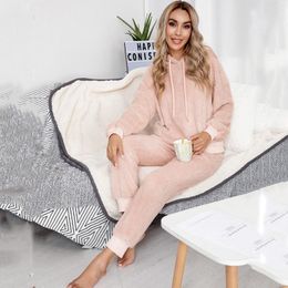 Home Clothing Autumn Winter Plush Pajama Set Women Pjs Thick Warm Sleepwear Suit Female Hooded Lounge Wear Two Piece