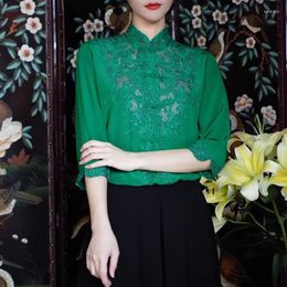 Women's Vests Chinese Style Stand Collar Three-Quarter Sleeves Elegant Silk Shirt Retro Button Embroidery Top Plus Size M-XXL