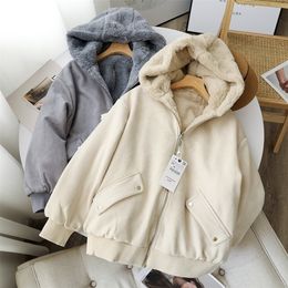 Womens Down Parkas Winter Clothes Women Jacket Thickened Warm Loose Hooded Fleece Bomber Jacket White Female Reversible Puffer Jacket Zipper 220930