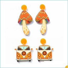 Stud Stud Lovely Colorf Cartoon Mushroom And Trip Car With Flowers Uv Print Acrylic Orange Earrings For Womenstud Drop Deliv Mjfashion Dhhic