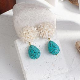 Stud Earrings AENSOA Bohemia White Beads Blue Nutural Stone Flower Drop For Women Boho Ethnic Dangle Earring Vintage Party Jewelry