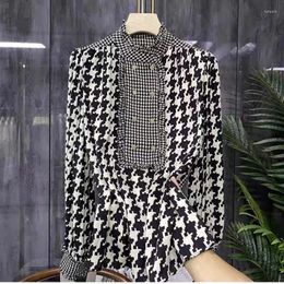 Women's Blouses Fashion Print Houndstooth Elegant Vintage Shirt Women Top 2022 Brand Clothing Design Double-Breasted Tidestand Collar Blouse