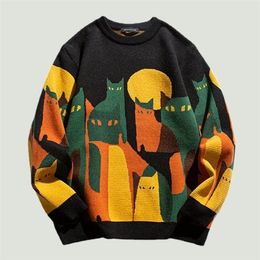 Men's Sweaters Hip Hop Knitted Sweater Mens Japanese Cartoon Full Cat Printed Streetwear Harajuku Casual O-Neck Loose Pullover Unisex Tops 220930