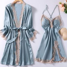 Women's Sleepwear Twinset Robe Set Women Lace Kimono Bath Gown Bride Bridemaid Wedding Bathrobe&Spaghetti Strap Nightgown Sexy V-Neck