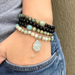 Link Bracelets MG1468 6 Mm Amazonite 108 Mala Necklace African Turquoise Bead Black Tourmaline Energy Meditation Buddhist Jewellery