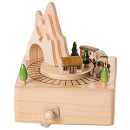 Decorative Objects Figurines Wooden Musical Box Featuring Mountain Tunnel With Small Moving Magnetic Train Plays 220930