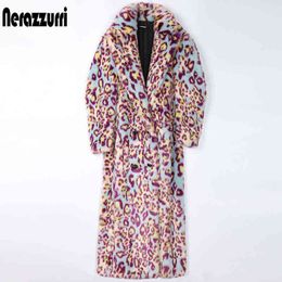 Nerazzurri Winter Leopard Long Colourful Soft Warm Thick Fluffy Furry Faux Fur Trench Coat for Women 2021 Runway European Fashion T220810