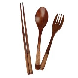 wholesale 3pcs/set Japanese Style Wood Chopsticks Spoon Fork Set Creative Personalized Wedding Favors Gifts Party Return Gift DH98