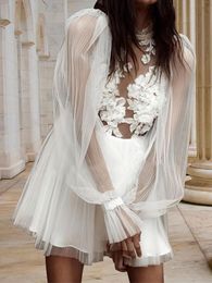 Party Dresses Elegant Short Formal Dress High Neck Prom Lace Applique Evening Long Puffy Sleeves Vestidos De NocheParty