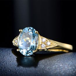 European and American style women sky sea blue zircon diamond gold plated ring girlfriend birthday lady wedding party Jewellery