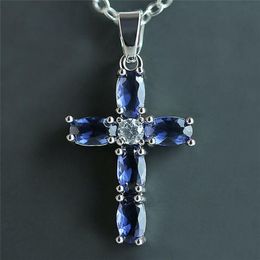 Chains Cross Pendant Jewlery For Women Necklace Gift Fashion Silver Colour Blue Main StoneChains