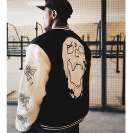 Street Vintage Clothing Skull Baseball American Patchwork Letter Embroidered Loose Jacket Mens Fashion 220811