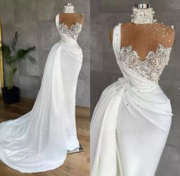 Vestidos longos de baile de formatura com top de malha translúcida, sereia, gola alta, pérolas, renda, ruched, formal, vestidos de noite para festas BC10204