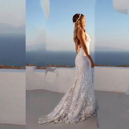 Abiti casual Sexy scollo a V profondo Abito da sposa a sirena Boho senza maniche Appliques in pizzo Abito da sposa Cerniera senza schienale Tulle Treno Vestido De Noiv