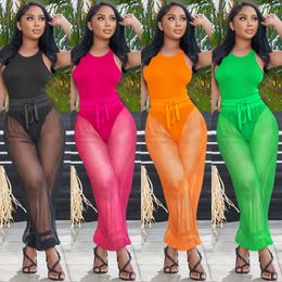 Women's Two Piece Pants European And American Fashion Womens Sexy Pure Colour Sleeveless Vest Jumpsuits Perspective SetsWomen's