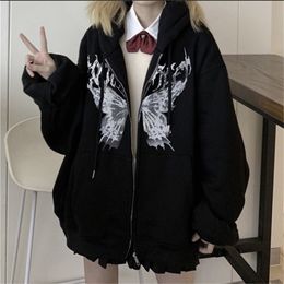 Y2k Harajuku Hoodies Women Autumn Winter Hip Hop Zipper Butterfly Aesthetic Hooded Sweatshirt Female Goth Punk Jacket Coat 220811
