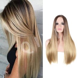 Women's Synthetic Long Straight Wig Brown Gradual Change Golden Chemical Fiber Hair Soft and Natural Cosplay Wigs