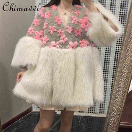 2021 Autumn Winter Imitation Tuscan Lamb Wool Composite One-Piece Coat Women's Mid-Length Flower Contrast Colour Loose Faux Fur T220810