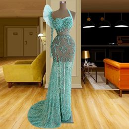 One Shoulder Mint Green Side Split Prom Dresses IPearls Beaded Sequined Evening Dress Custom Made Illusion Women Formal Celebrity Party Gown