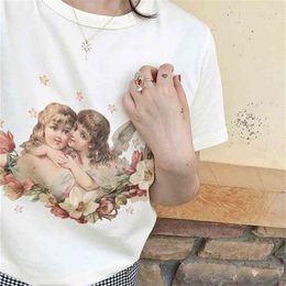 kissing style Canada - Women Retro Style Cherubs Kissing T-Shirt Cute Aesthetic White Tee 90s Ulzzang Fashion Top 2105122005