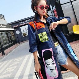 Women's Trench Coats Fashion Streetwear Ladies 2022 Personality Print Windbreaker Patch Long Denim Coat Female Autumn Jeans Jacket Women F13