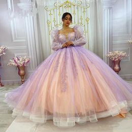 Modern Quinceanera Dresses With Pink Lace Appliques Long Sleeves Beading Ball Gown Off Shoulder 15 Years Dress Sweet 16 Prom
