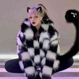 New Women's Checkerboard Pattern Faux Fur Black White Warm Coat Long Sleeve Winter Outwear M180 T220810