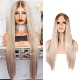 Grey Synthetic Wigs Long Straight Brown Hair Wig for White Women Middle Part Cosplay Natural Hair Heat Resistant