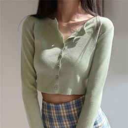 Korean Style Oneck Short Knitted Sweaters Women Thin Cardigan Fashion Sleeve Sun Protection Crop Top Ropa Mujer 220811