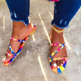 Women Mixed Colour Rivet Slippers 2021 Woman Graffiti Tie Dye Slides Summer Ladies Casual Beach Flats Female Big Size Footwear