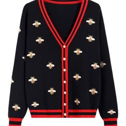 High Quality Fashion Designer Bee Embroidery Cardigan Long Sleeve Single Breasted Contrast Colour Button Knitted Sweaters C196 220811