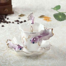 Creative Fashion 3D Goldfish Shape Enamel Ceramic Coffee Tea Cup Tea Tray Spoon Set Porcelain Water Cup Valentine's Day Gift T220810